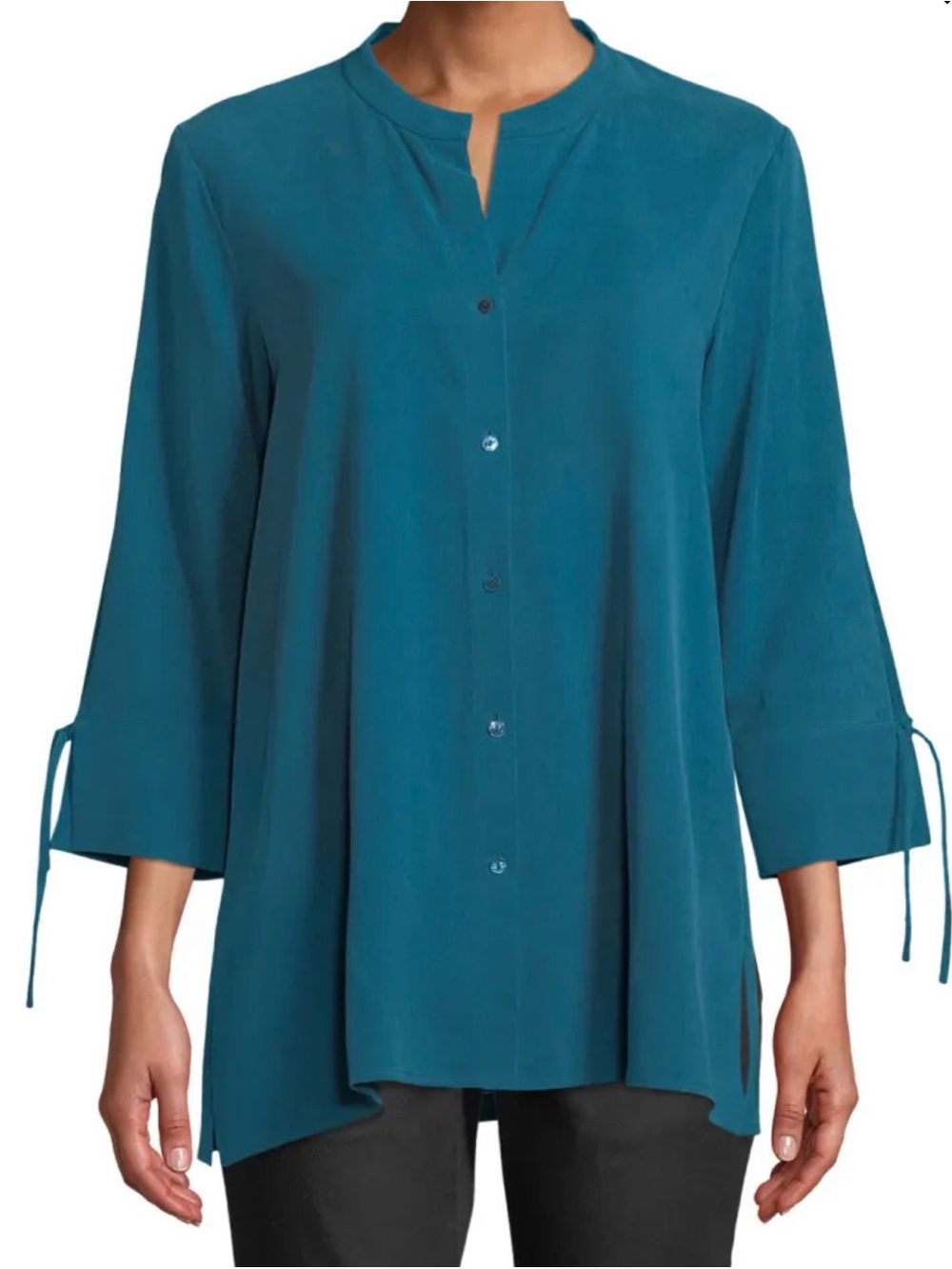 Eileen Fisher Teal 100% Silk Blouse Women’s M Mandarin Collar Tie Cuff A-Line EU